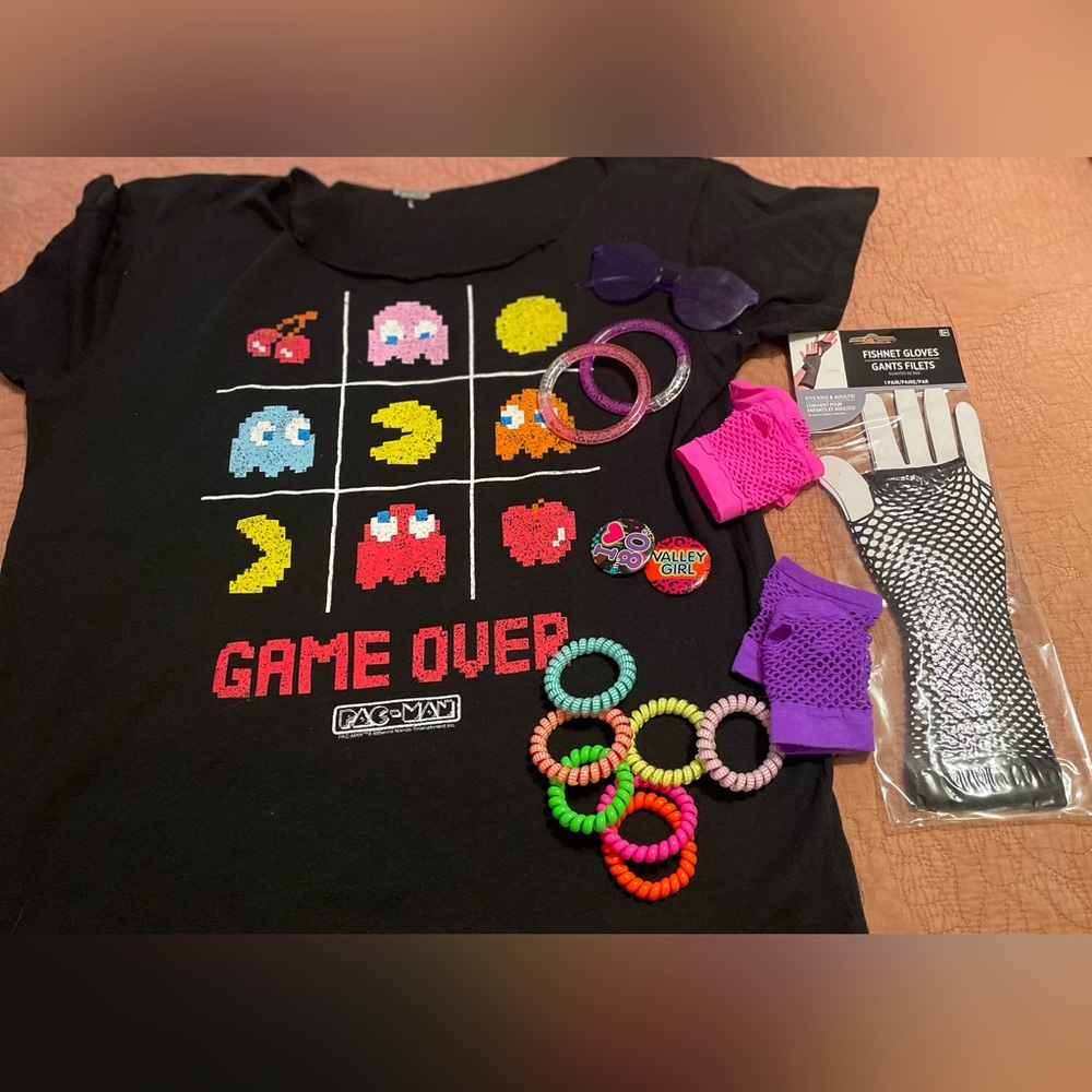 80’s Pac Man large women’s tshirt and 80’s party pack!  So fun!